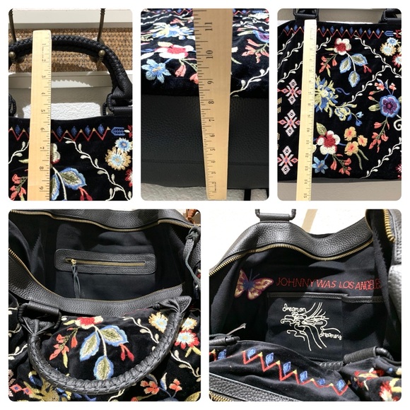 Johnny Was Black Denim & Leather with Floral Embroidery Dreamer Overnight Tote - Picture 12 of 14